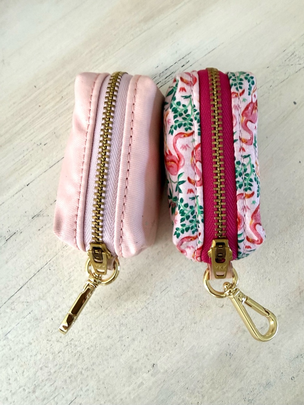 The Foggy Dog 2Pc Duo Pink and Floral Dog Waste Bag Holder w/ Gold Hardware NWOT